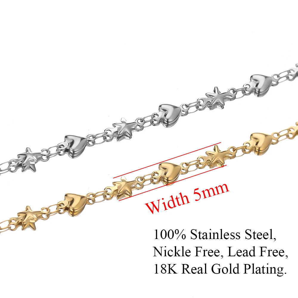 1 Meter Edelstahl-Stern-Herz-Ketten in Großpackung für DIY-Halsketten, Armbandherstellung, Schmuckzubehör, Fußkettchen – Detail 3