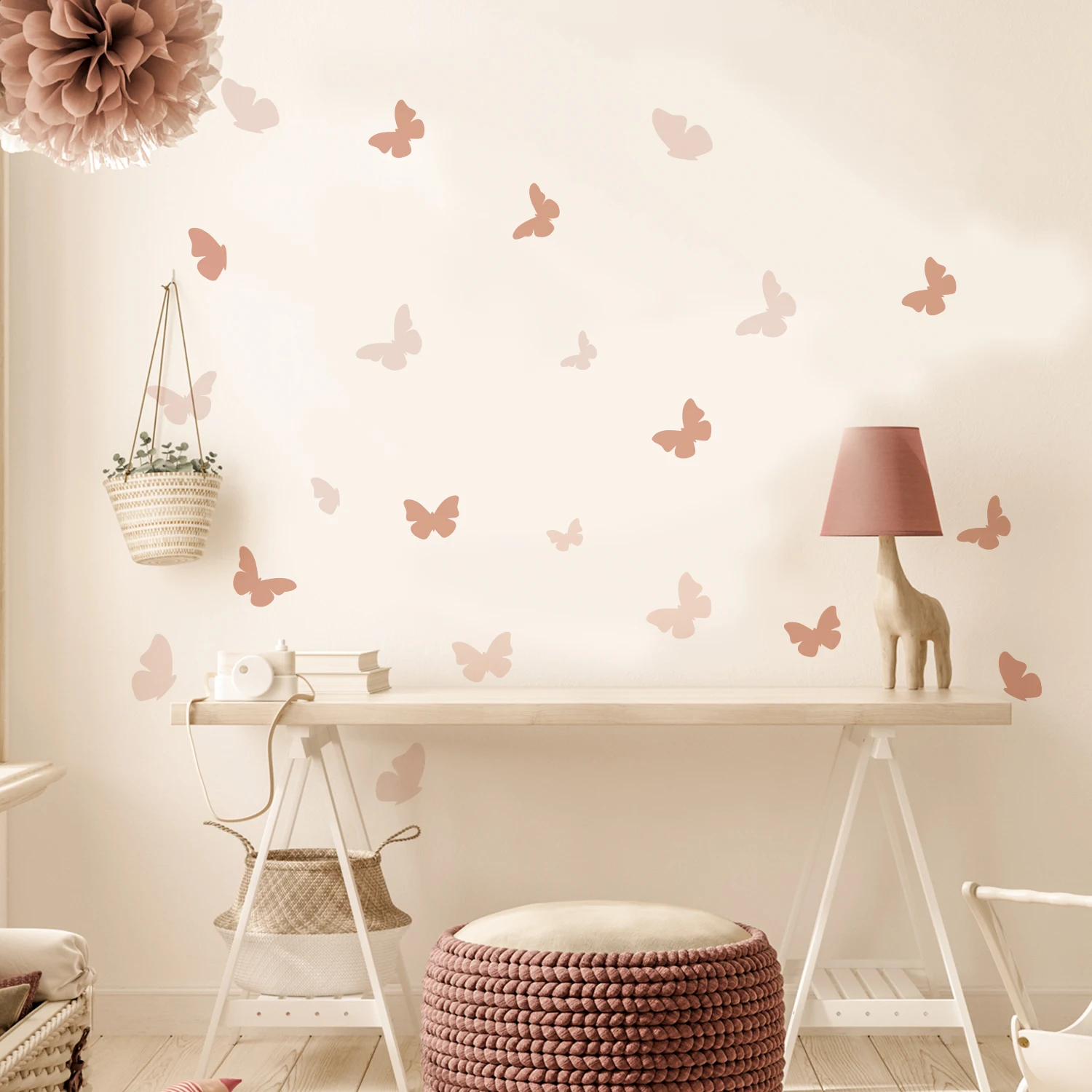 Boho Pink Butterfly Wall Stickers for Baby Girls Boys Room Nursery Nordic Warm Home Decoration Creative Animals Vintage Stickers