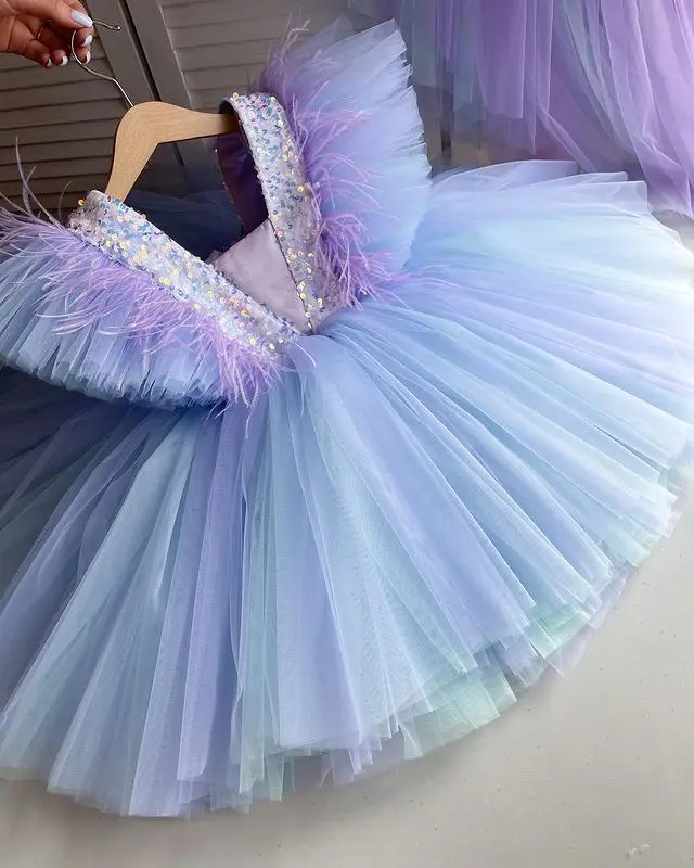 Rainbow Sequin feather Luxurious Baby Girl cake Dress Birthday Party Wedding Girl Princess Tuxedo Evening Dresses  Kid Clothes