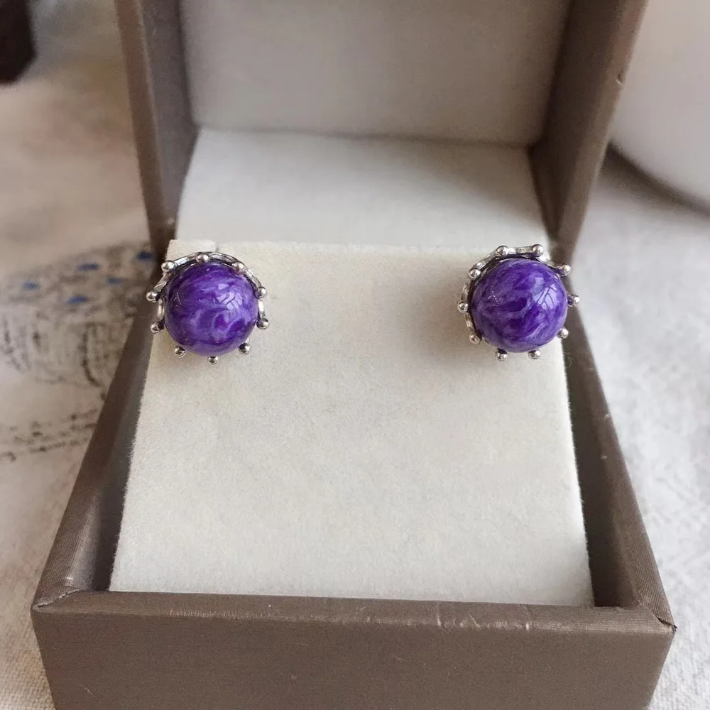 Natural Charoite Earrings Sterling 925 Silver Gemstone 10mm Jewelry for Woman Lady Wedding Party Gift