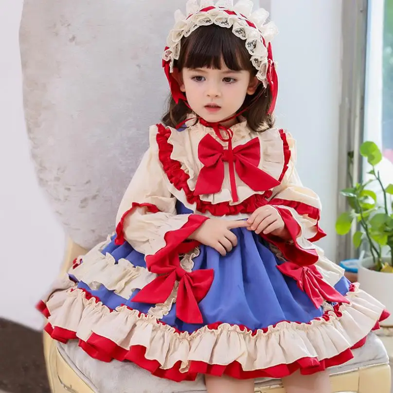 Autumn Baby Girl clothes Spanish Lolita Princess Dress Bow lace Stitching ball gown birthday party Easter dress for girls Y3486