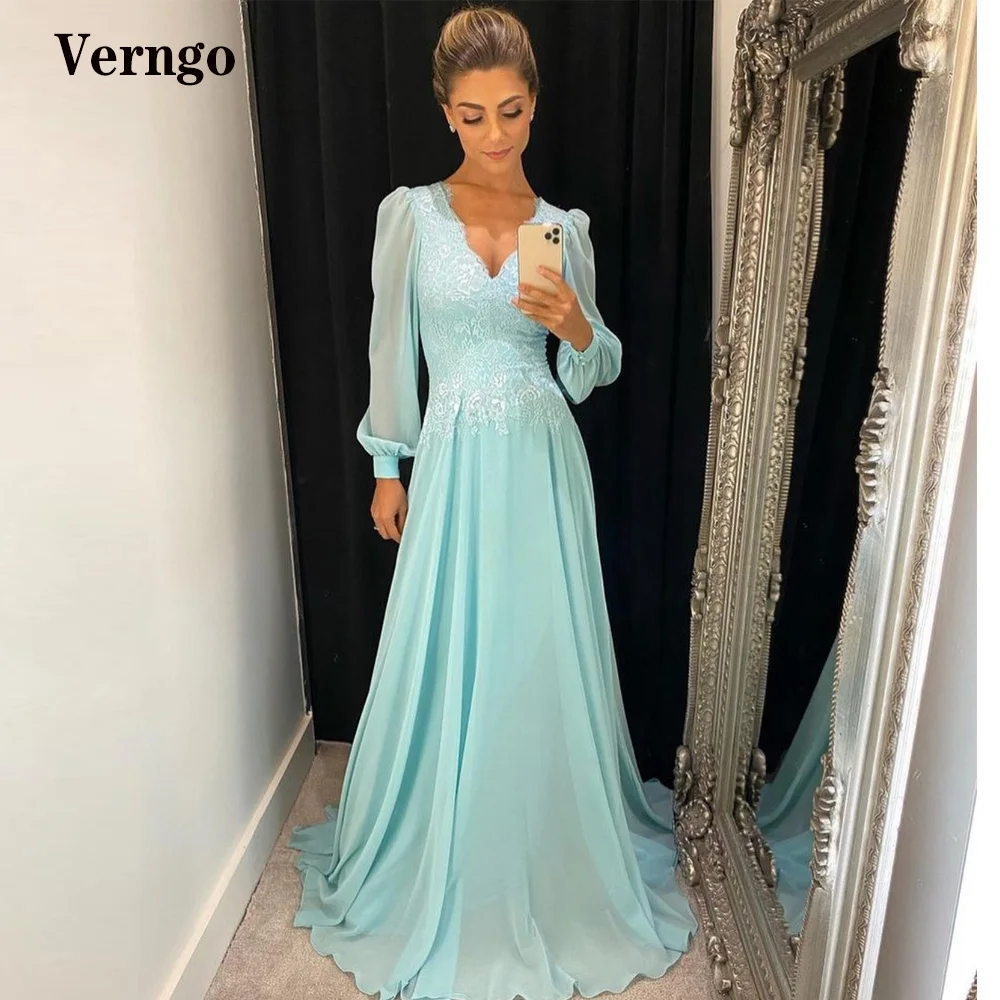 

Verngo Light Sky Blue Chiffon Long Sleeves Prom Dresses Modest V Neck Lace Applique Arabic Women Formal Evening Dress Plus Size