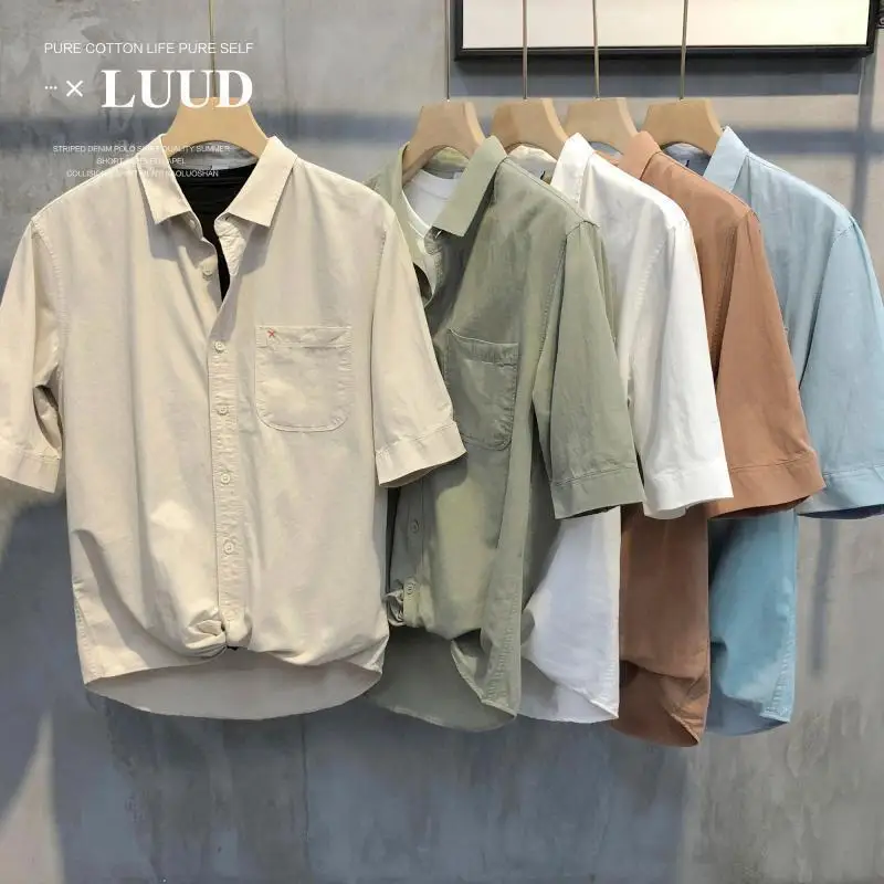 ICCLEK New Shirt 2021 Summer Solid Color Oxford Spinning Lapel Shirt Slim Minimalist Casual Wild Short Sleeves Men Shirts