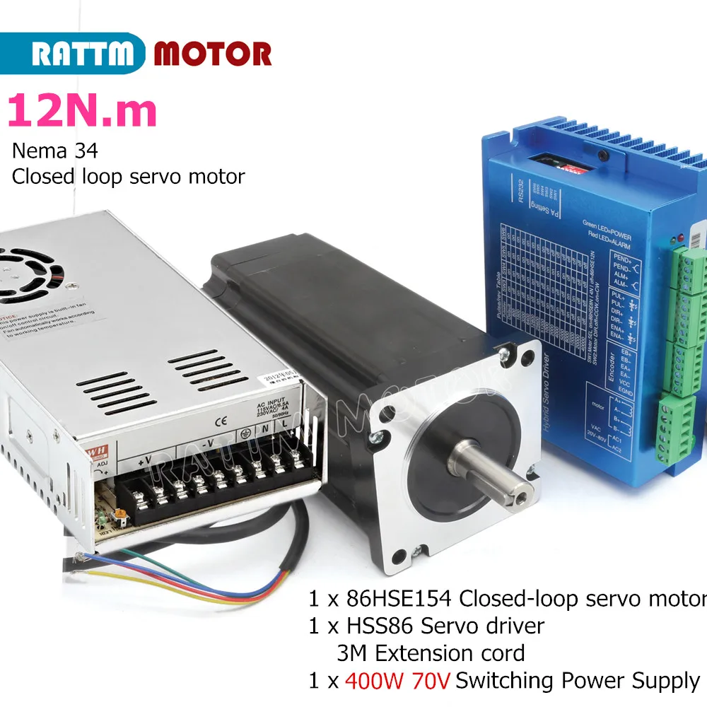 12N.m Nema34 Closed Loop Servo Motor 154mm 6A + Hybrid Driver 8A with 400W 70V Power Supply CNC Router Milling Kit