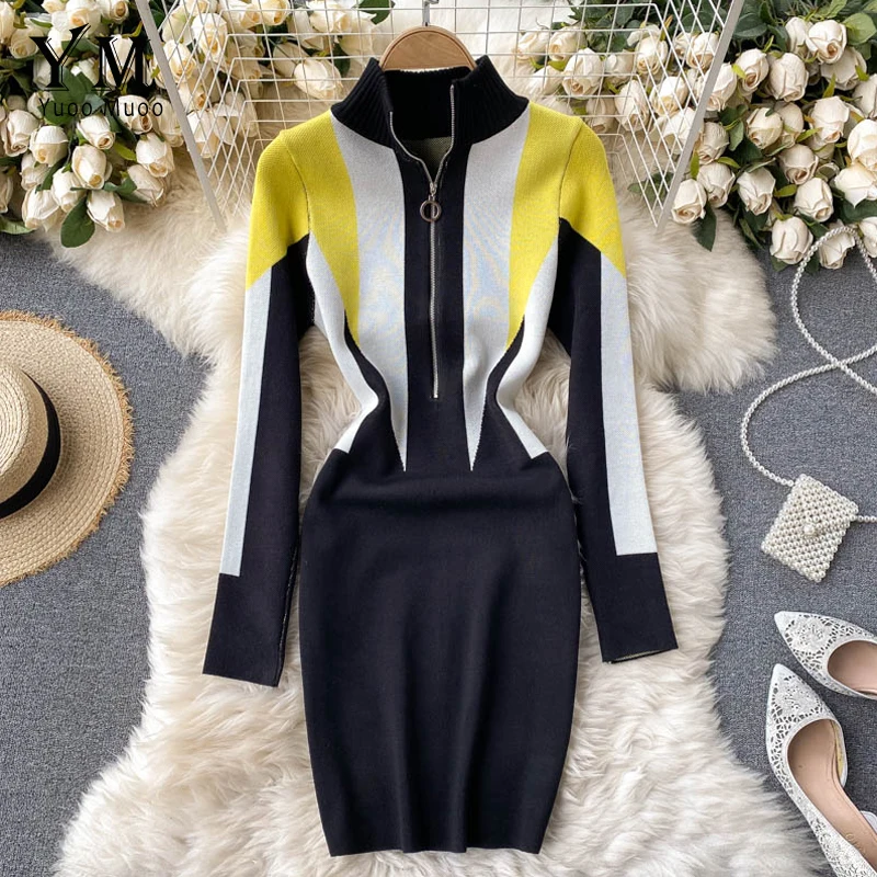 YuooMuoo Autumn Winter Women Knitted Sweater Dress 2021 New Europe Style Zipper Collar Long Sleeve Casual Dress Bodycon Jumper