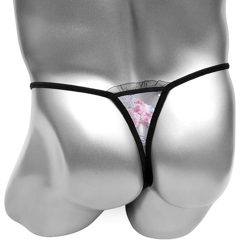 Funny Sissy Thong Panties Pendant Pearl Mens Sheer Underwear Low Rise Bikini Embroidery Lace G String Open Crotch