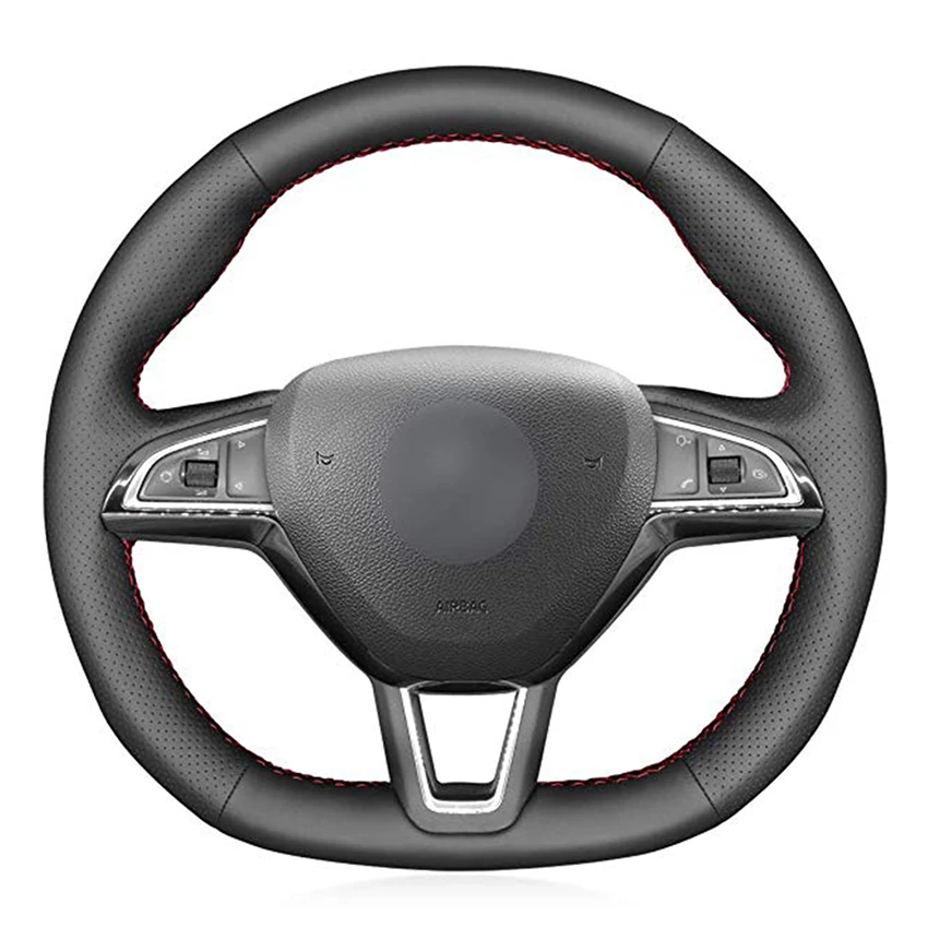 

Hand-stitched Black Leather Car Steering Wheel Cover for Skoda Octavia 2015-2019 Fabia Kodiaq Citigo Superb Scala