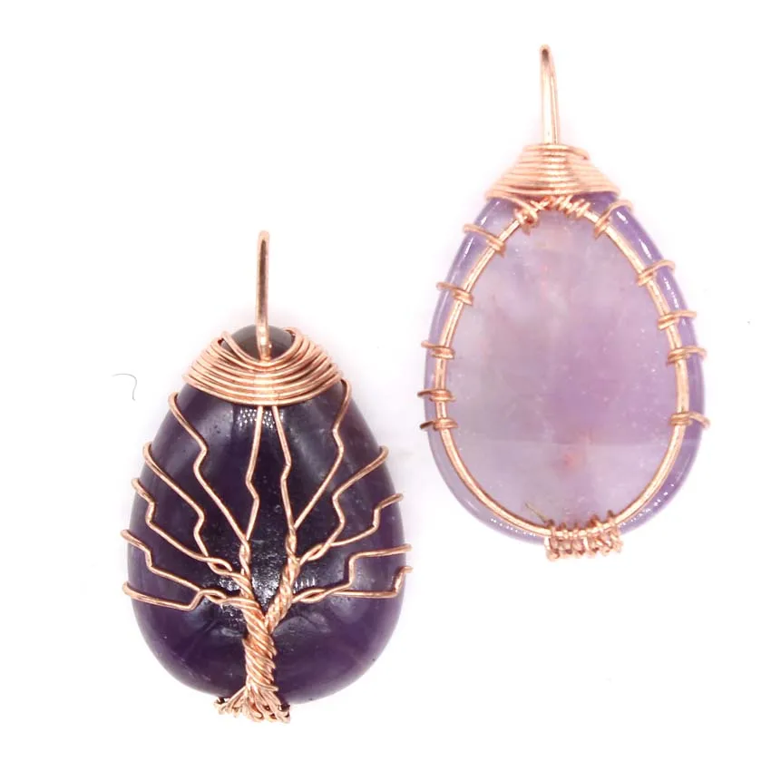 Wire Wrapped Tree Life Chakra Reiki Water Drop Natural Healing Purple Crystal Rose Pink Quartz Stone Pendant Women Men Jewelry