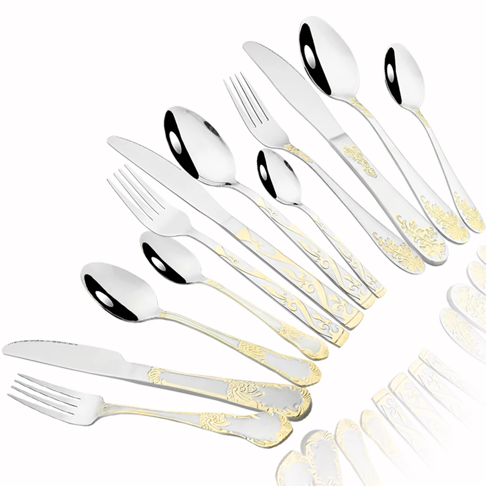 304 Stainless Steel Dinnerware Sets High Grade Knife Fork Spoons Cutlery Kits Gold Plated Floral Pattern Tableware Dropshipping