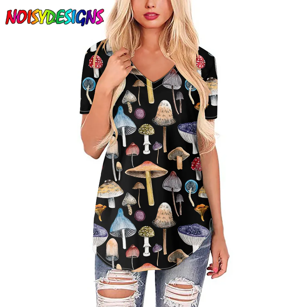 NOISYDESIGNS Harajuku Style Woman Tshirts Mushrooms Print Short Sleeve Black T-shirt Summer V-neck Tee Shirt Girls Tops Mujer