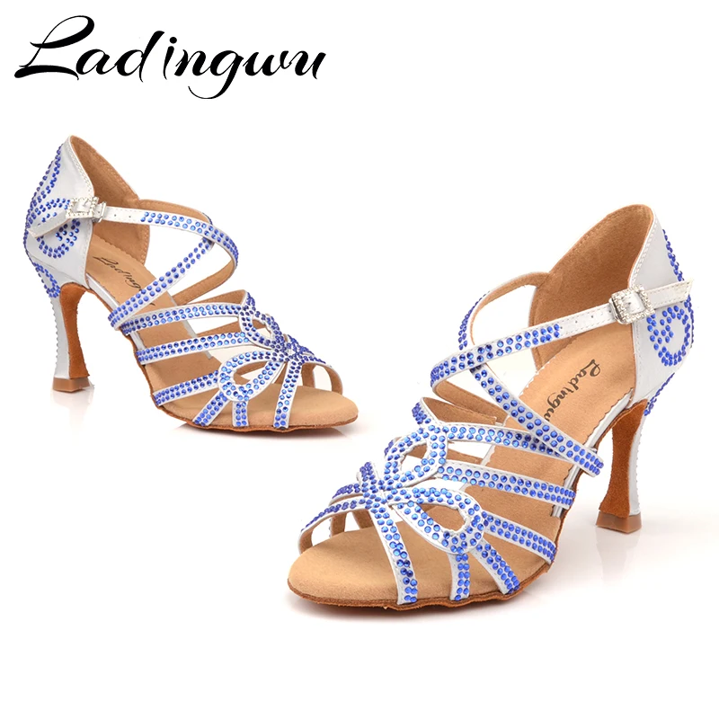 Ladingwu Latin Dance Shoes Double Rhinestone Blue Shining Silver gray Satin Women Ballroom Dancing Shoes Cuba Heel 9cm