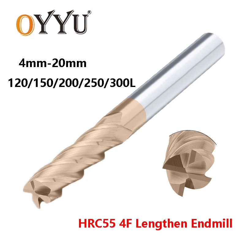 

OYYU Lengthened 4 Flute Endmills HRC55 Tungsten Steel Solid Carbide Milling Cutter 120 150 200 250 300 Long CNC End Mill 4 6 mm