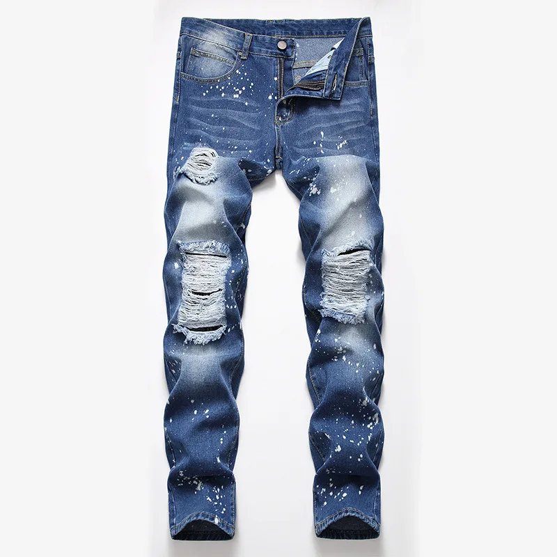 

New Plus Size Pant Men's Street Jeans Fashion Holes Hip Hop Trousers Male Casual Elasticity Party Mid Waist Classic Denim Pants