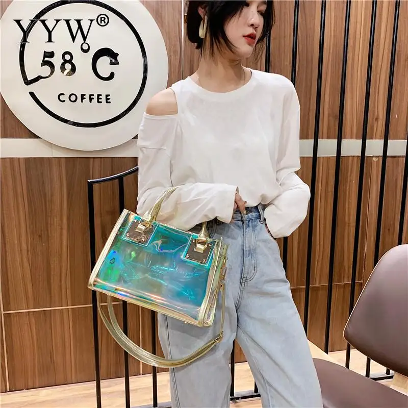 Bolsa de gelatina transparente holográfica para mujer, bolso de diseñador de PVC de alta calidad, bolso de mensajero de hombro con cadena de gran