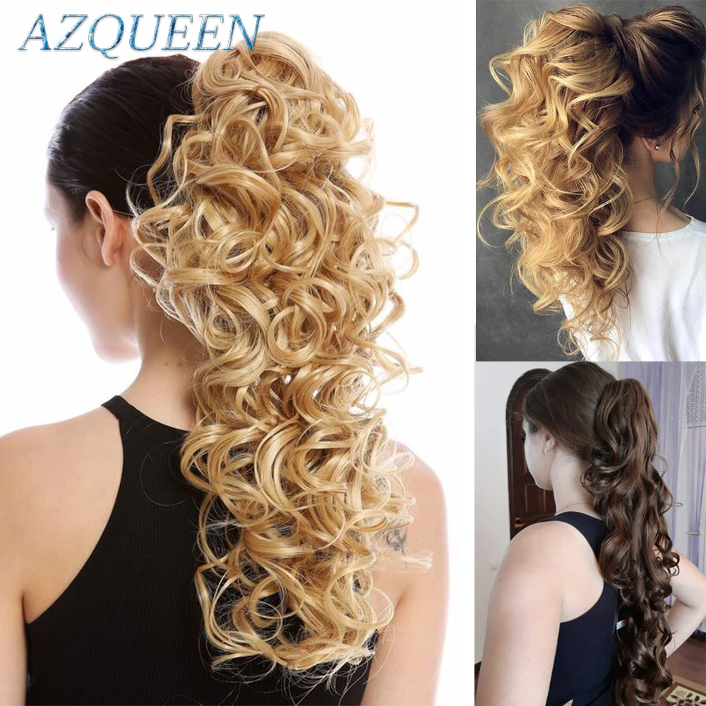 AZQUEEN-extensiones de cola de caballo onduladas para mujer, extensiones de cabello sintético de onda larga y gruesa, Clip de garra de fibra de poni