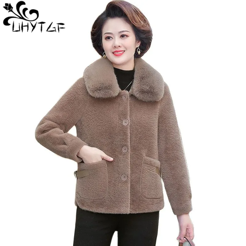 UHYTGF Winter Coat For Women Fashion Fur Collar Mink Fleece Casual Warm Autumn Fur Jacket Mother Slim 5XLPlus Size Overcoat 1652