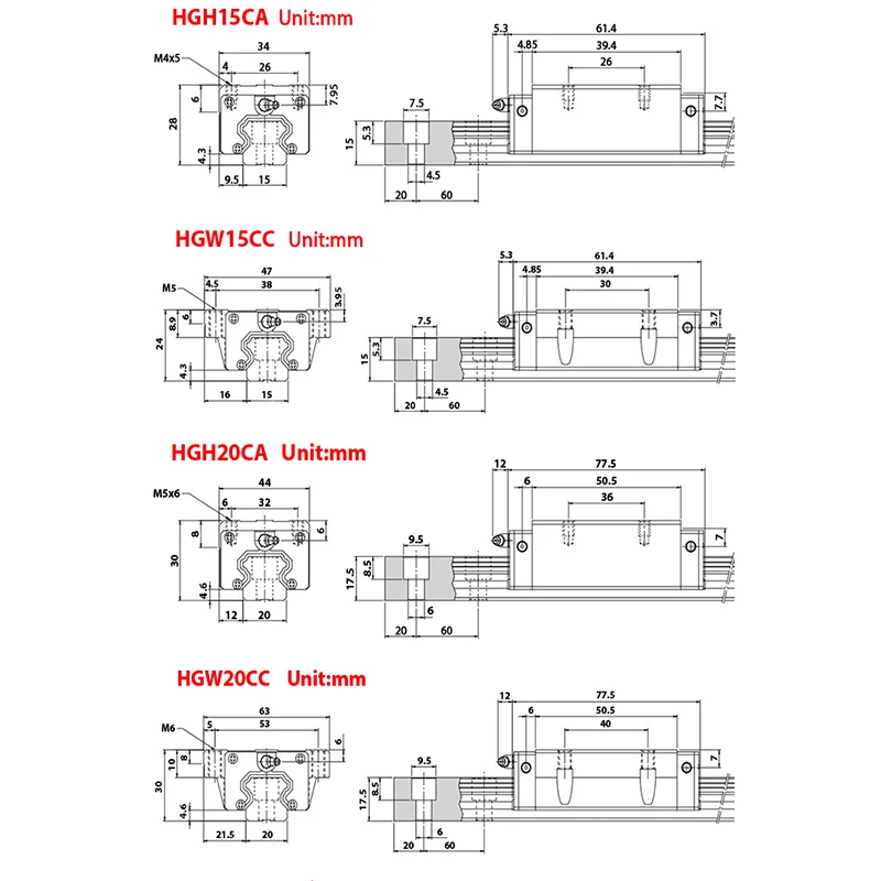 2/4Pcs HGH15CA HGW15CC HGH20CA HGW20CC Linear Bear Slide Block Carriage Match Use HGR Linear Guide With Grease Nipple For CNC