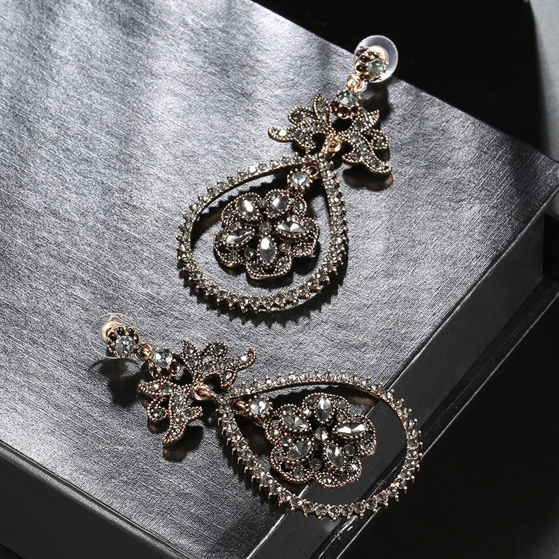 Kinel Luxury Gray Crystal Flower Bridal Earrings For Women Antique Gold Beach Party Water Drop Drop Earrings Vintage Jewelry