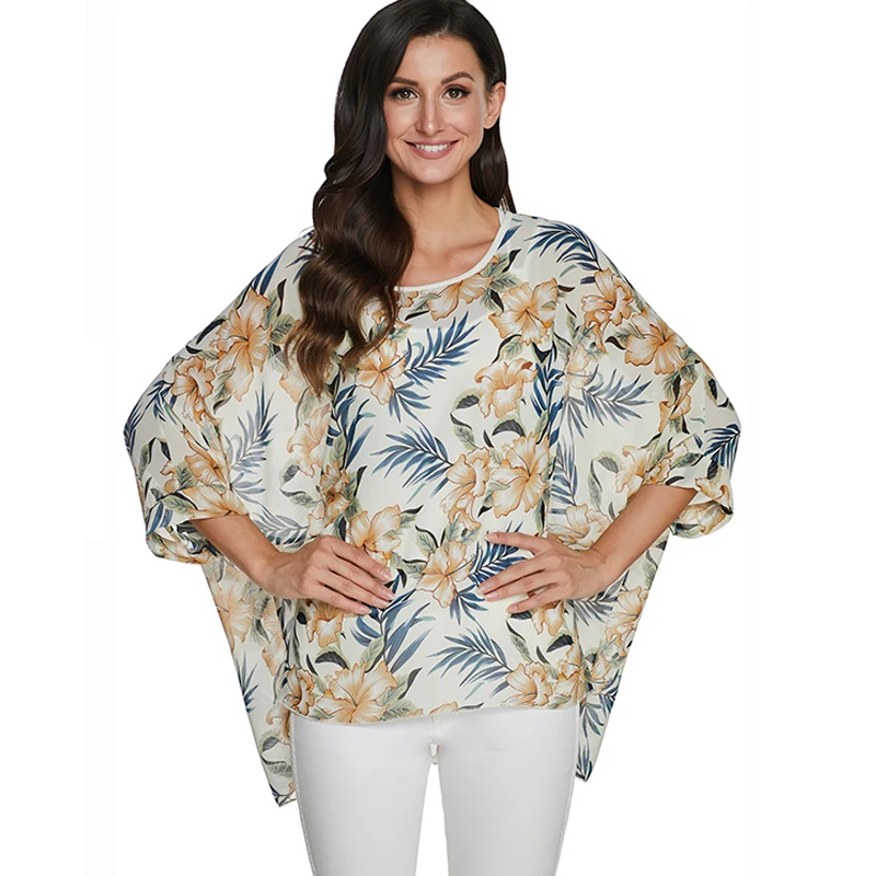 BHflutter New 2020 Chiffon Blouse Shirt Women Fashion Batwing Floral Print Blouse Casual Loose Summer Shirts Tops Plus Size 4XL