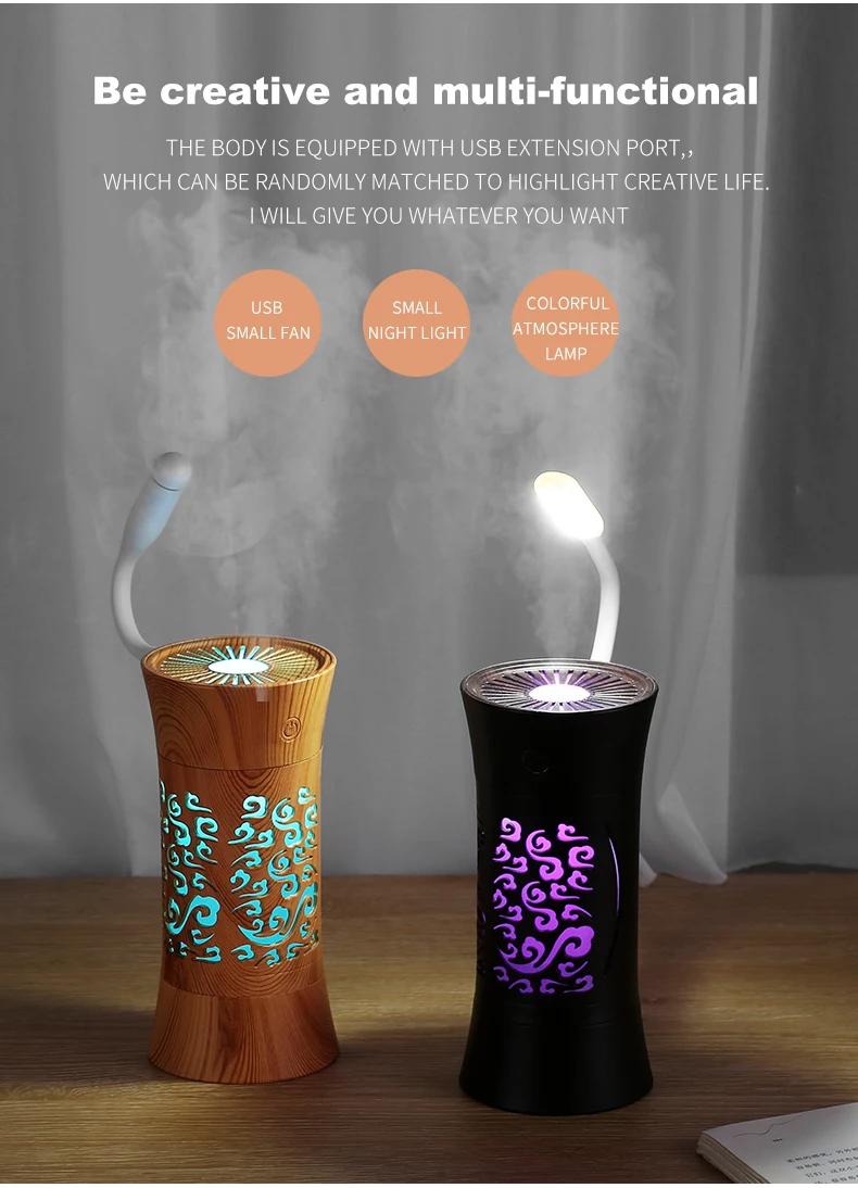 Humidificador de Aroma portátil 3 en 1, difusor de Aroma con USB, grano de madera, diseño delicado, cintura pequeña hueca, Mini luz LED nocturna, ventilador pequeño, 260ml