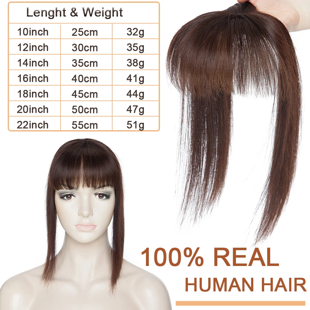 SEGO 8.5x8.5cm Straight Human Hair Topper Natural Hairpieces with Bangs for Women Mono Base Small Thin Hair Piece Clips ins