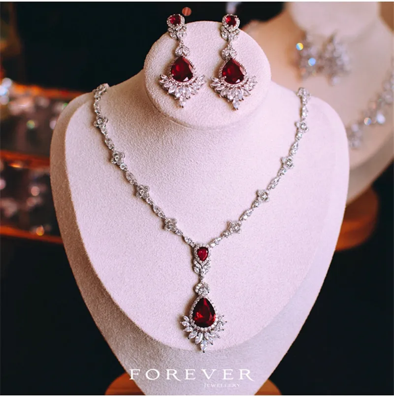 CC Jewelry Sets For Women High Quality Wedding Necklace And Earrings Red Stone Wendding Jewelry Set Needle Drop Shipping