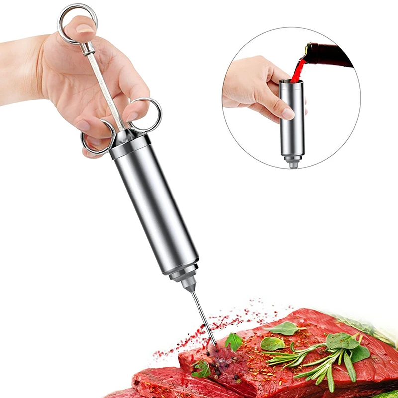 2-4OZ Stainless Steel Meat Marinade Flavor Injector Kit 1/2 Cup Capacity BBQ Seasoning Injector w/ 2 Professional Needles Brush