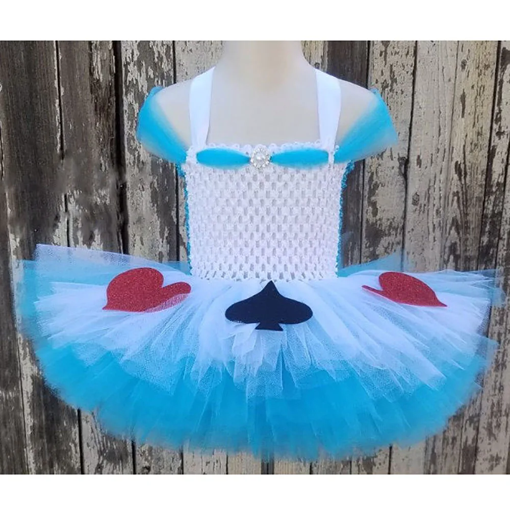 Girls Blue White Alice Princess Tutu Dress Kids Crochet Dress with Strap and Red Heart Kids Birthday Party Cartoon Costume Dress