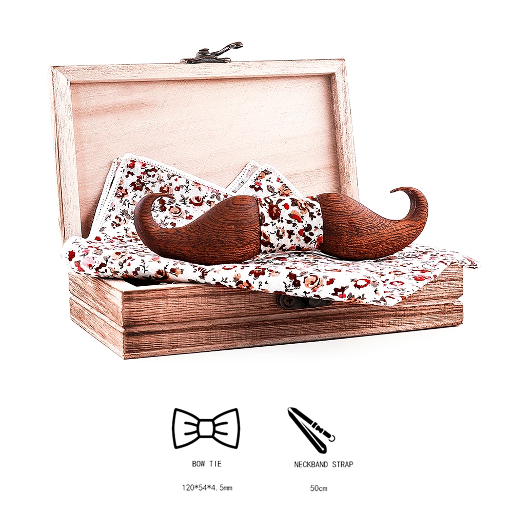 Mahoosive-pajarita de madera con diseño de bigote 3D para hombre, conjunto de pajarita cuadrada de bolsillo con patrón de flores Foral, regalo