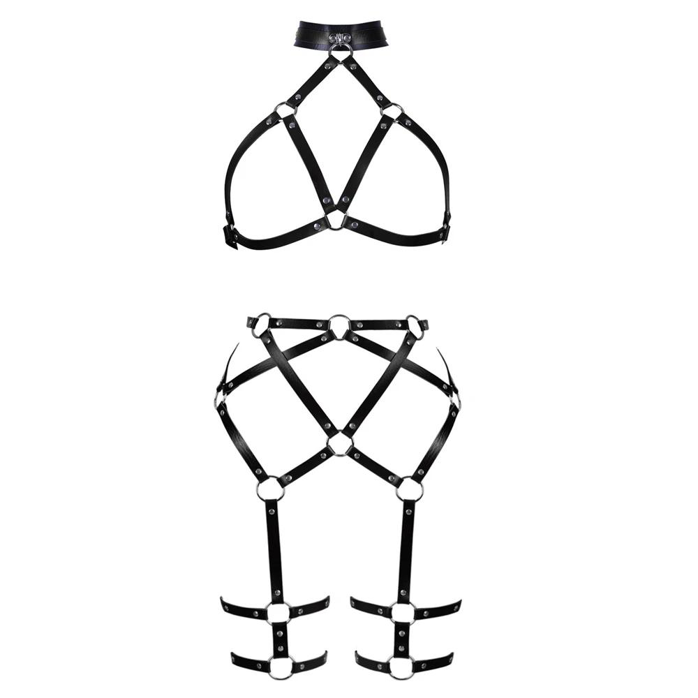 

Gothic Choker Leather Body Harness Bondage Chest Cage 2Piece Set Erotic Lingerie Halloween Rave Women Sexy Garter Belt Costume