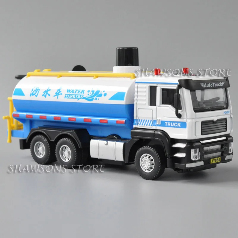 1:50 Scale Diecast Metal Sanitation Vehicle Model Water Tank Truck Sprinkler Replica Pull Back Toy With Sound & Light