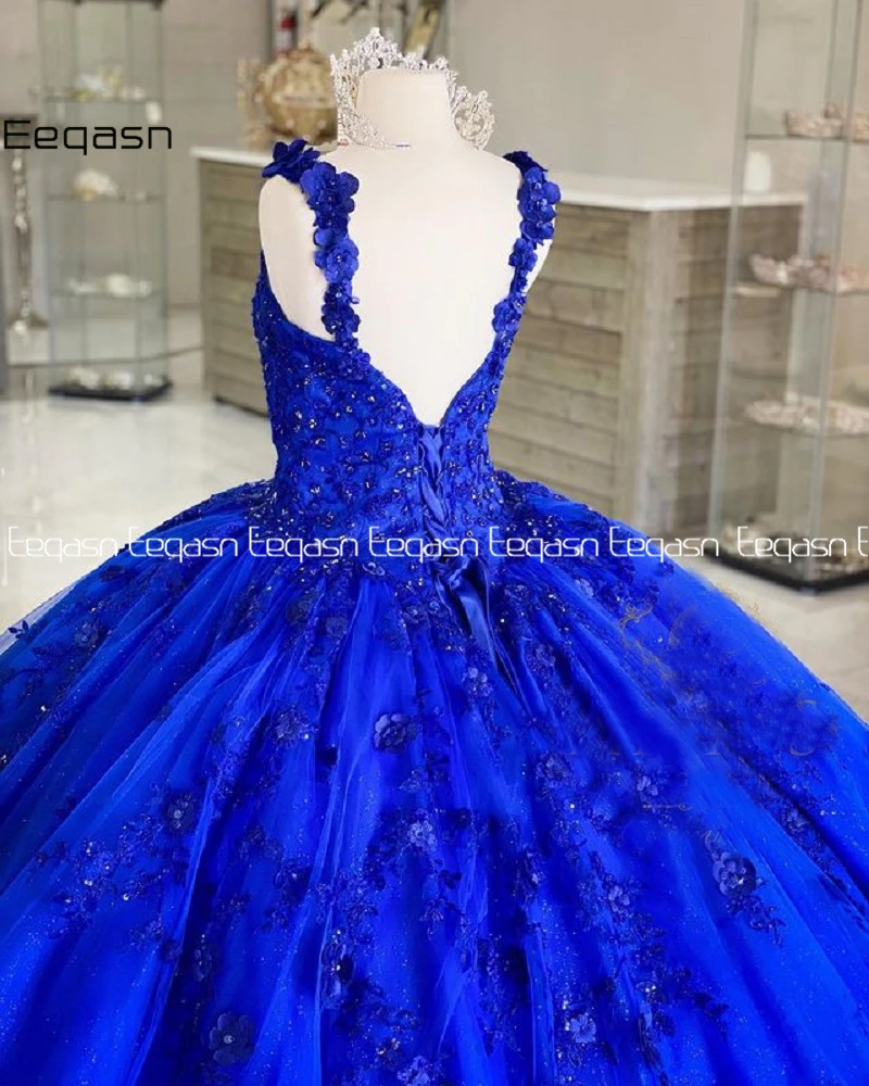 Vestido de baile feminino, vestido de baile de tule, cinta de espaguete azul royal, vestido de renda, vestidos Quinceanera, 16