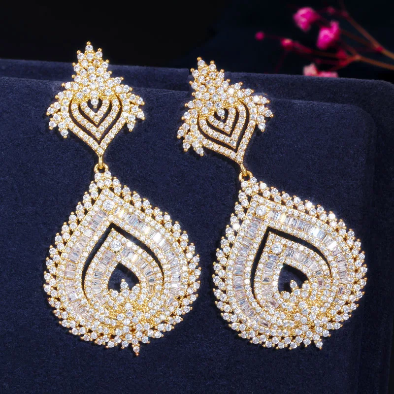 CWWZircons Luxury 585 Gold Color African Nigerian Cubic Zirconia Big Long Naija Wedding Party Women Dress Earrings CZ636