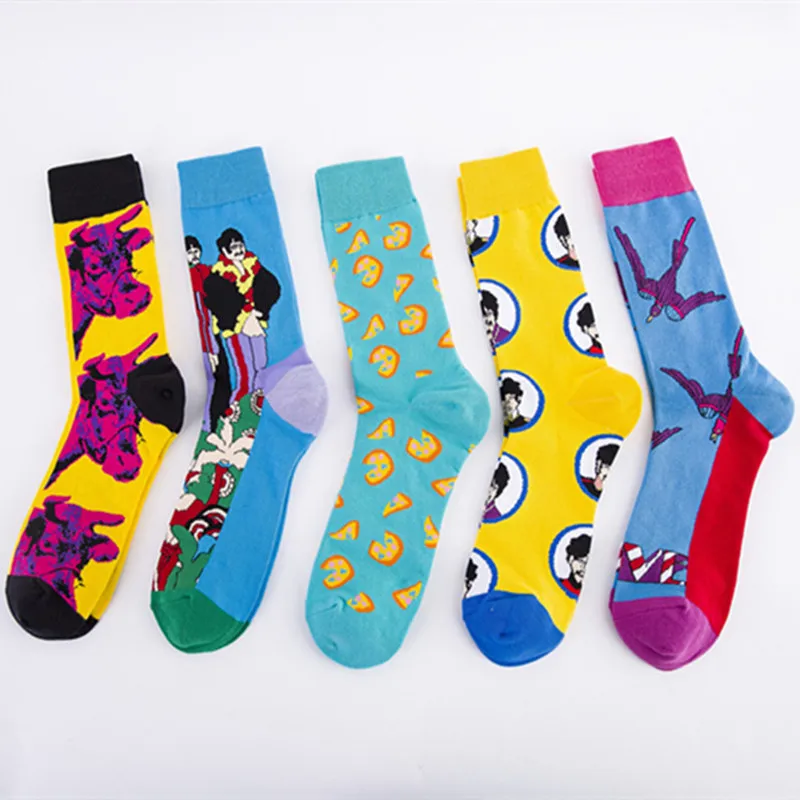 5 pairs of socks new fashion color European and American men's plus size socks portrait illustration socks wholesale