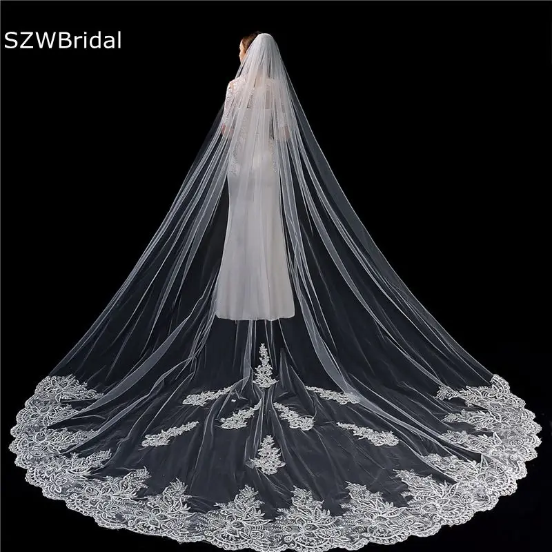 

New Arrival Ivory Cathedral Bridal Veil Long Lace Applique Wedding viel with Comb Weeding accessoire Voile mariee Schleier