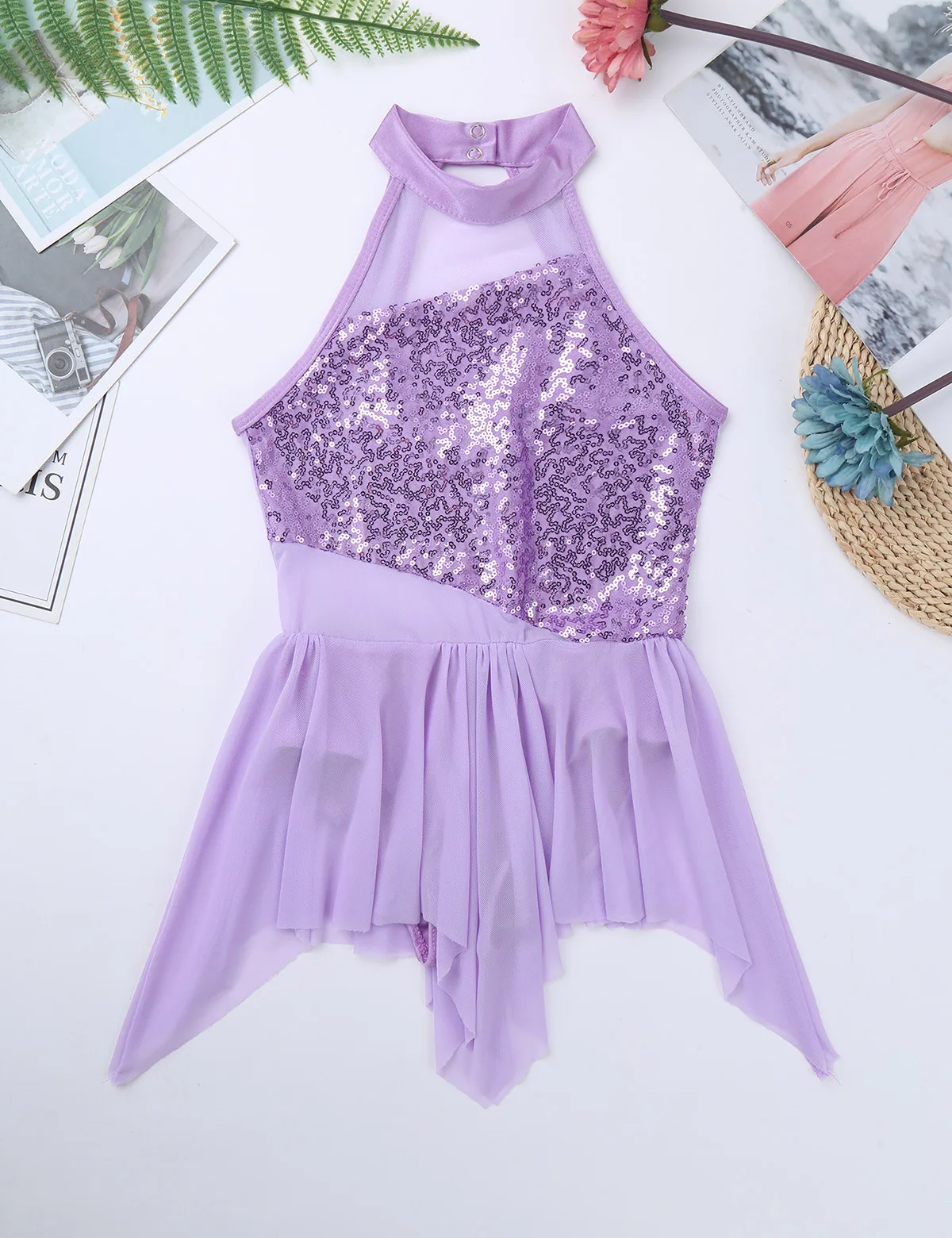 Kids Girls Sequins Ballet Dress Sleeveless Mock Neck Asymmetrical Hem Leotard Dress Lyrical Latin Jazz Dance Costumes Dancewear