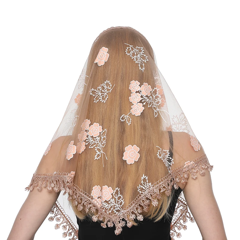 Flower Women Scarf for Church Triangle Lace Shawl Veils for the Church\'s Embroidered Spanish Mantilla Lace Transparent Shawl