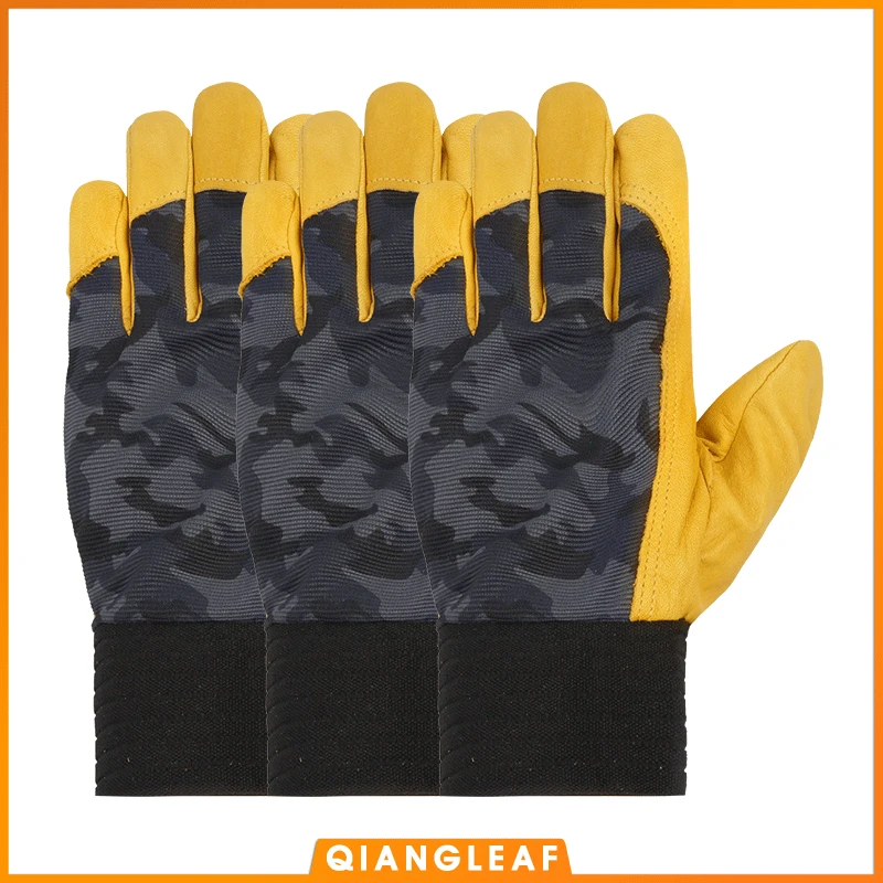 

QIANGLEAF 3PCS Brand New Men's Work Protection Glove Cowhide Leather Yellow Driving Gardening Security Safety Gloves 410MC