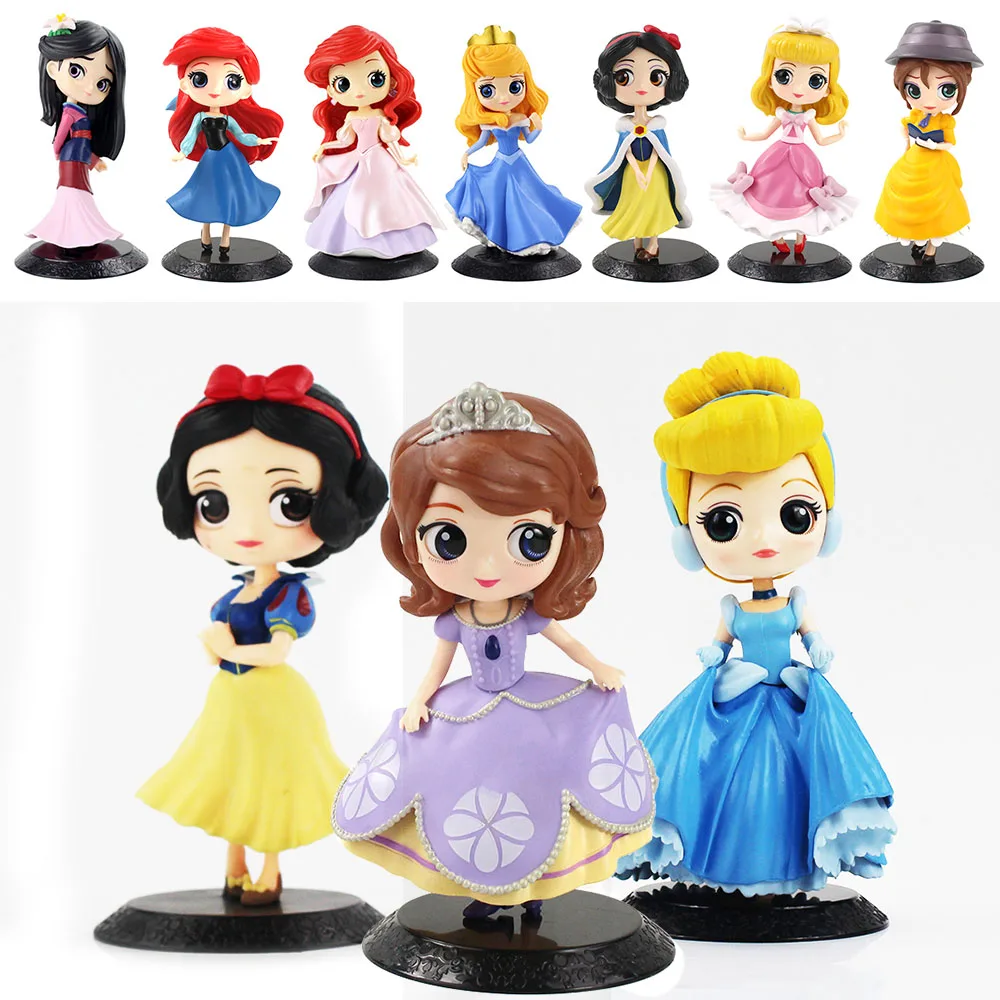 12-15cm Princess Q Posket  Snow White Mermaid Cinderella Belle Mulan Jasmine Tinkerbell PVC Action Figure Model Toys Kids Gifts