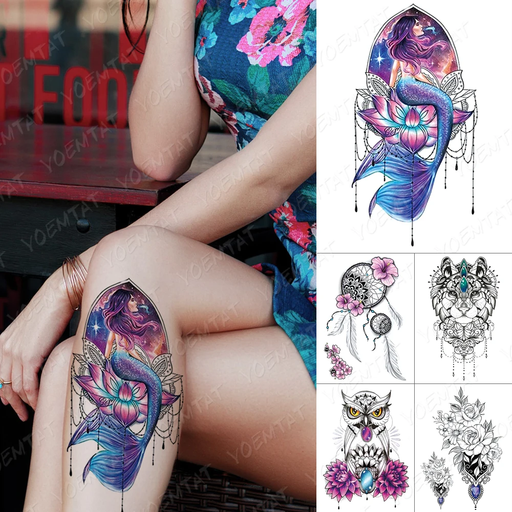 Waterproof Temporary Tattoo Sticker Henna Mermaid Owl Diamond Flower Flash Tattoos Body Art Anime Arm Thigh Fake Tatoo Women Men