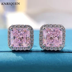 Charms 925 Sterling Silver 7*7mm Topaz Pink Quartz High Carbon Diamond Stud Earrings for Women Gemstone Ear Fine Jewelry Gifts