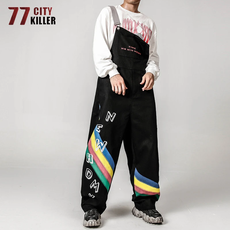 

77City Killer Streetwear Overalls Men Rainbow Printed Coveralls Male Casual Multi-Pocket Oversize Bib Trousers Hip Hop Joggers