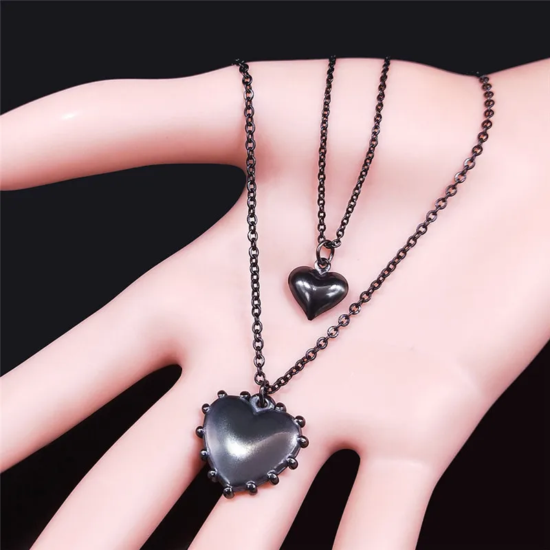 2 PCS Gothic Double Layer Heart Stainless Steel Pendant Necklace Women Black Color Statement Necklace Jewelry collier NK47S03