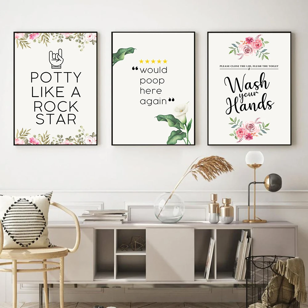 Funny Toilet Letter Poster Nordic Flower Minimalist Bathroom Canvas Painting Would Poop Here Again Quote Wall Art WC Sign Decor