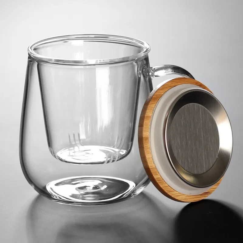 Creative Glass Tea Infuser Cup With Filter Transparent Flower Teacup Handle Bamboo Lid Heat-resistant Fruit Tea Mug Drinkware