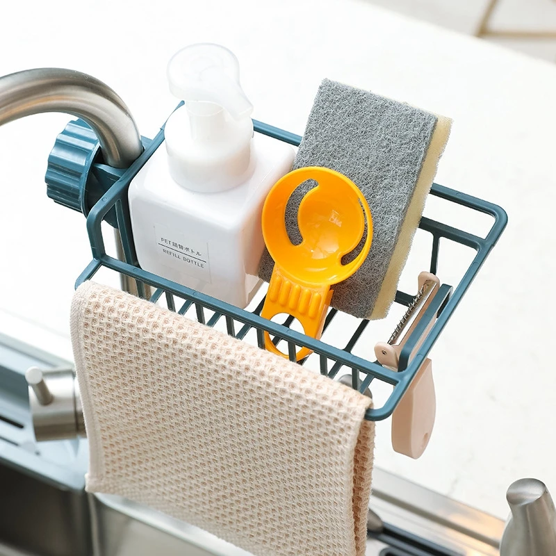 

Kitchen Faucet Adjustable Bracket Rack Multifunctional Finishing Rak Sponge Dish Cloth Drain Rack Creative Rag Storage Rack