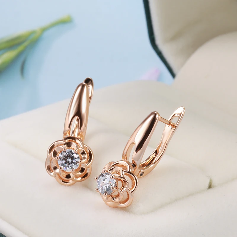 Kinel Trend Unusual Crystal Flower Earrings Ring Sets 585 Rose Gold Natural Zircon Drop Earrings Creative Wedding Jewelry Set