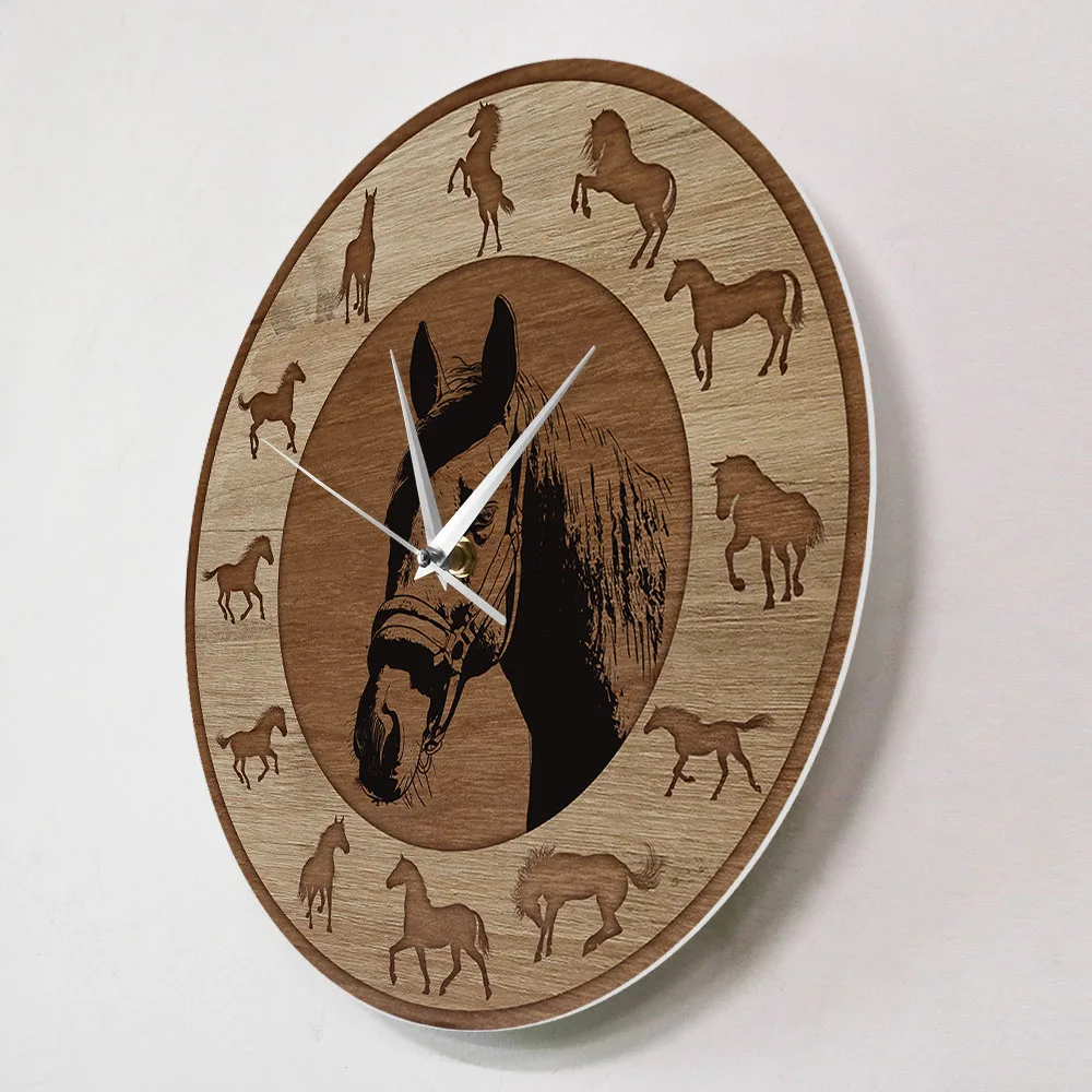 Farmhouse Style Horse Silhouettes Wall Clock Wood Grain Texture Printed Wall Clock Running Horses Art Home Decor Equestrian Gift