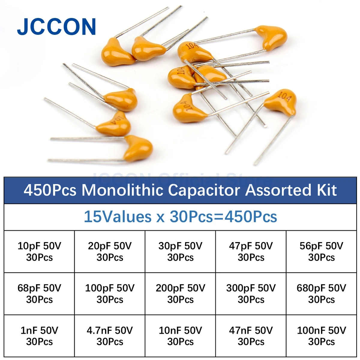 450Pcs Ceramic Capacitor Assorted Kit Multilayer Ceramic Capacitors 50V 10pF-100NF 15Values x 30Pcs=450Pcs