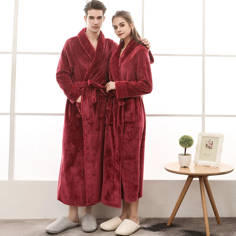 Night Dress Women Bathrobe Flannel Robe Women's Winter Lengthened Coralline Plush Shawl Bathrobe Long Sleeved Warm Bath Robe Men